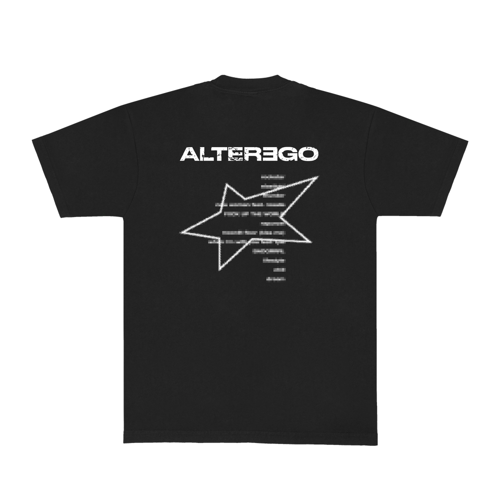 Back view of a black unisex short-sleeve T-shirt featuring white “Alterego” text and a tracklist, with a white star outline printed over the tracklist.

