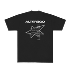 Back view of a black unisex short-sleeve T-shirt featuring white “Alterego” text and a tracklist, with a white star outline printed over the tracklist.

