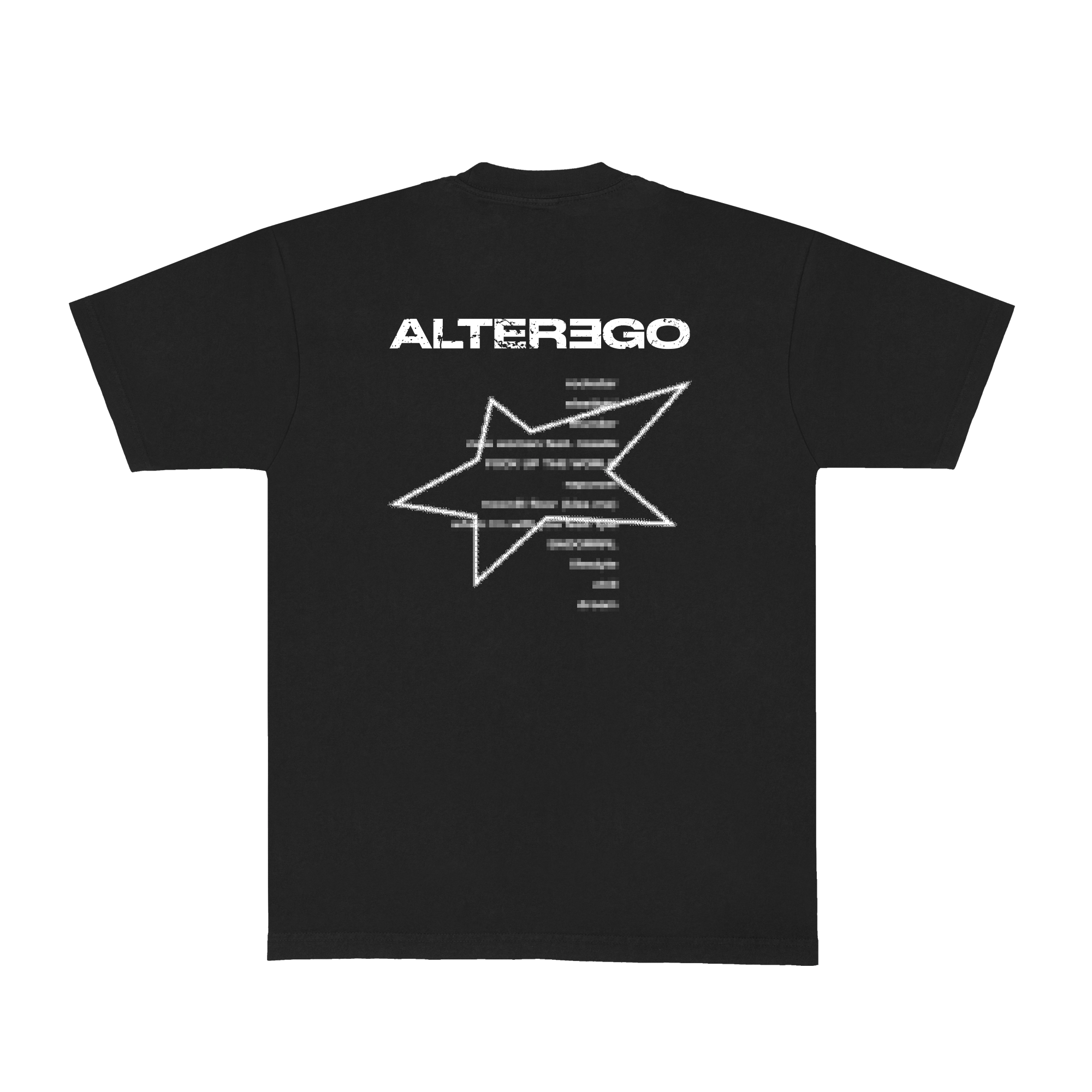 Back view of a black unisex short-sleeve T-shirt featuring white “Alterego” text and a tracklist, with a white star outline printed over the tracklist.

