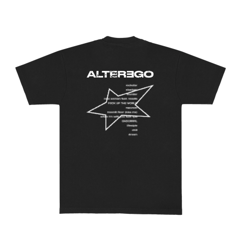 Back view of a black unisex short-sleeve T-shirt featuring white “Alterego” text and a tracklist, with a white star outline printed over the tracklist.


