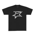 Front view of a black unisex short-sleeve T-shirt featuring white “Alterego” text and a silver star printed across the chest.