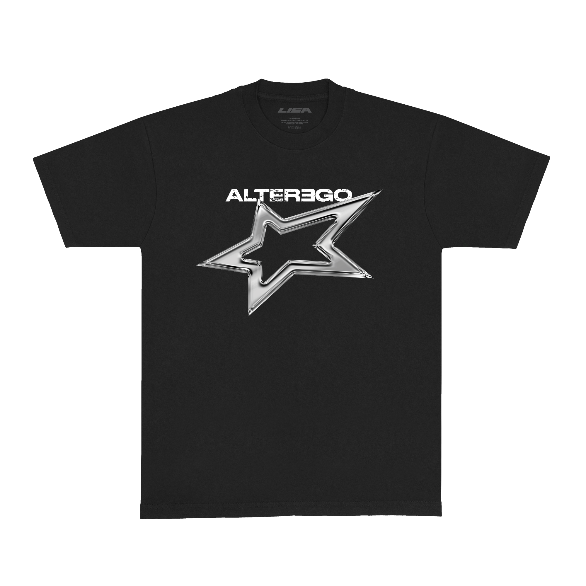 Front view of a black unisex short-sleeve T-shirt featuring white “Alterego” text and a silver star printed across the chest.