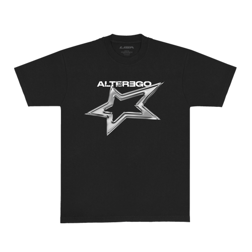 Front view of a black unisex short-sleeve T-shirt featuring white “Alterego” text and a silver star printed across the chest.