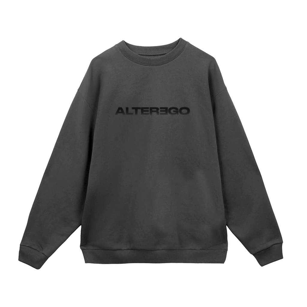 Front view of a washed grey unisex crewneck sweatshirt featuring a black vintage-style “Alterego” print across the front.