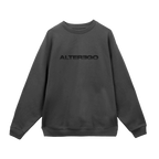 Front view of a washed grey unisex crewneck sweatshirt featuring a black vintage-style “Alterego” print across the front.