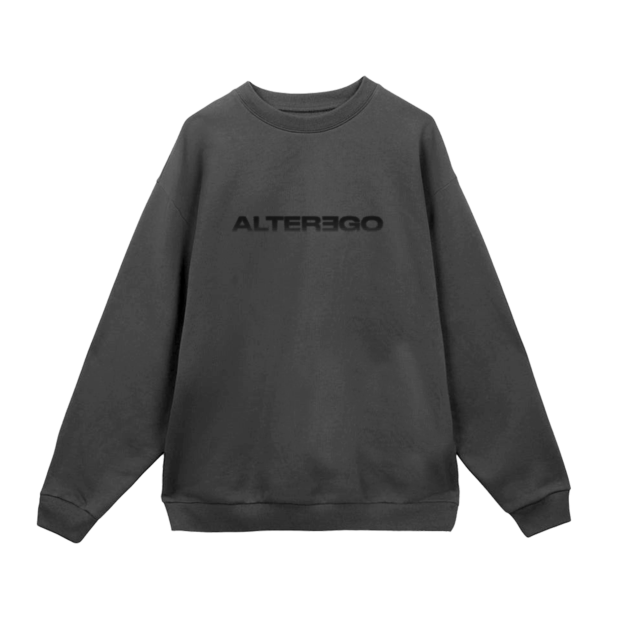 Front view of a washed grey unisex crewneck sweatshirt featuring a black vintage-style “Alterego” print across the front.