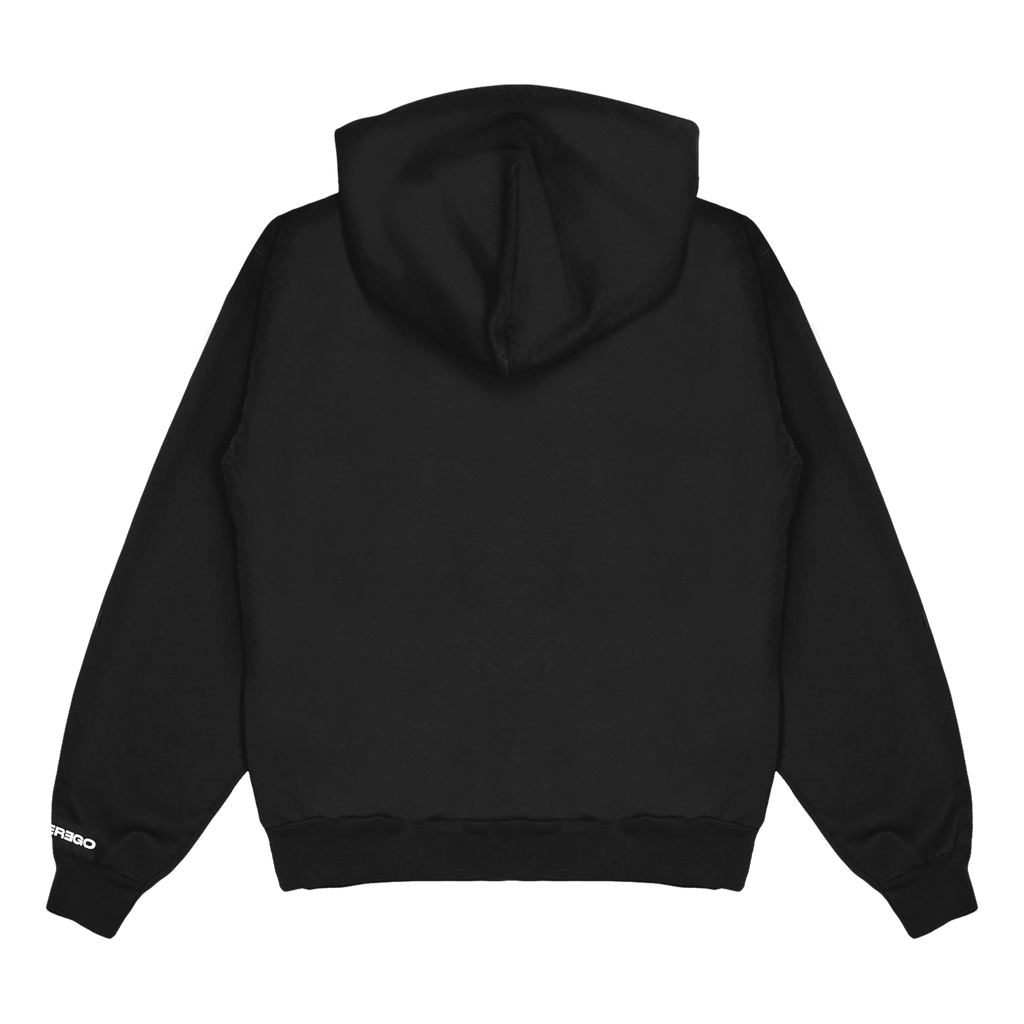 Bkack view of a black unisex relaxed fit pullover hoodie