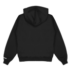 Bkack view of a black unisex relaxed fit pullover hoodie