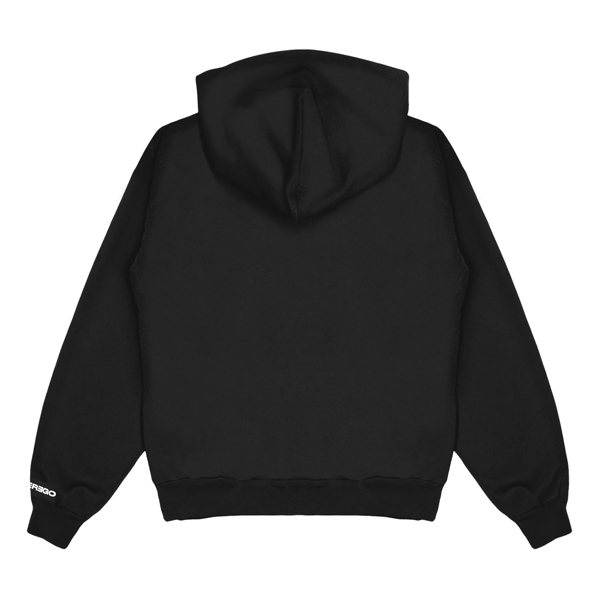 Bkack view of a black unisex relaxed fit pullover hoodie