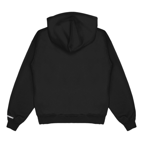 Bkack view of a black unisex relaxed fit pullover hoodie