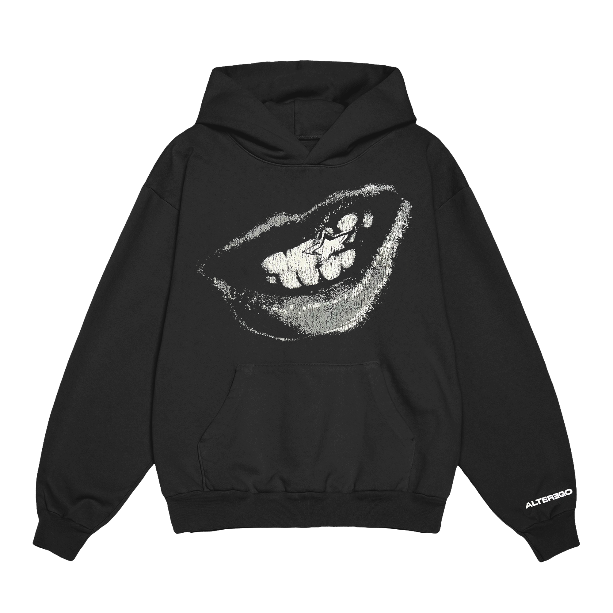 Front view of a black unisex relaxed fit pullover hoodie with a front pocket, featuring a grey and white smiling mouth graphic with a star on one tooth printed across the chest. The right sleeve is detailed with white “Alterego” text near the cuff.