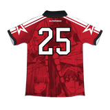 "Back view of a red football jersey with a black collar and black sleeve edges. The back features an allover Lisa ALTEREGO comic print, white text reading 'ALTEREGO' below the neckline, and the number 25 printed underneath. The top of each sleeve is white, each with a single star.