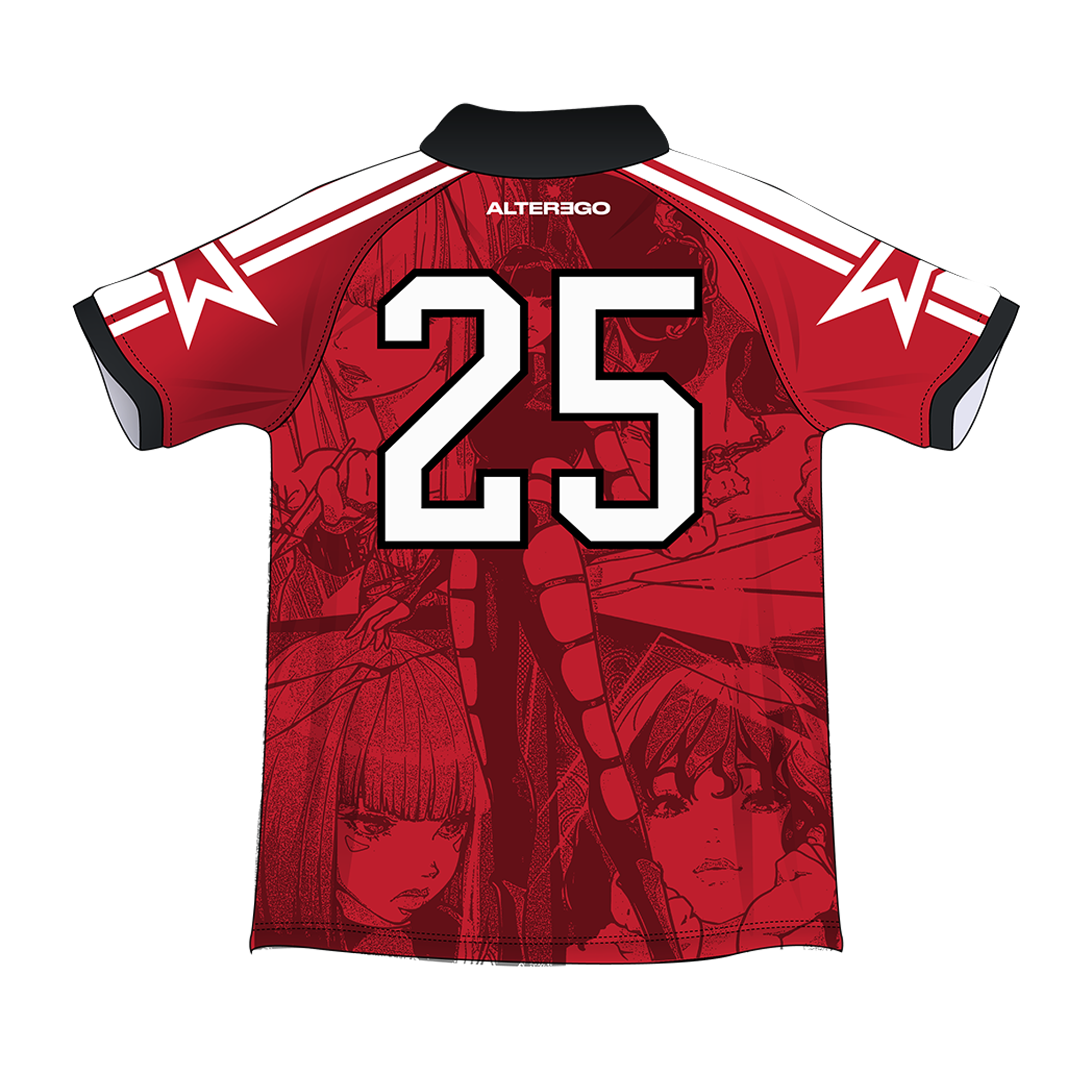 "Back view of a red football jersey with a black collar and black sleeve edges. The back features an allover Lisa ALTEREGO comic print, white text reading 'ALTEREGO' below the neckline, and the number 25 printed underneath. The top of each sleeve is white, each with a single star.