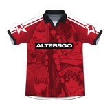 Front view of a red football jersey with a black collar and black sleeve edges. The front showcases an allover Lisa ALTEREGO comic print. The top of each sleeve is white, each adorned with a single star.