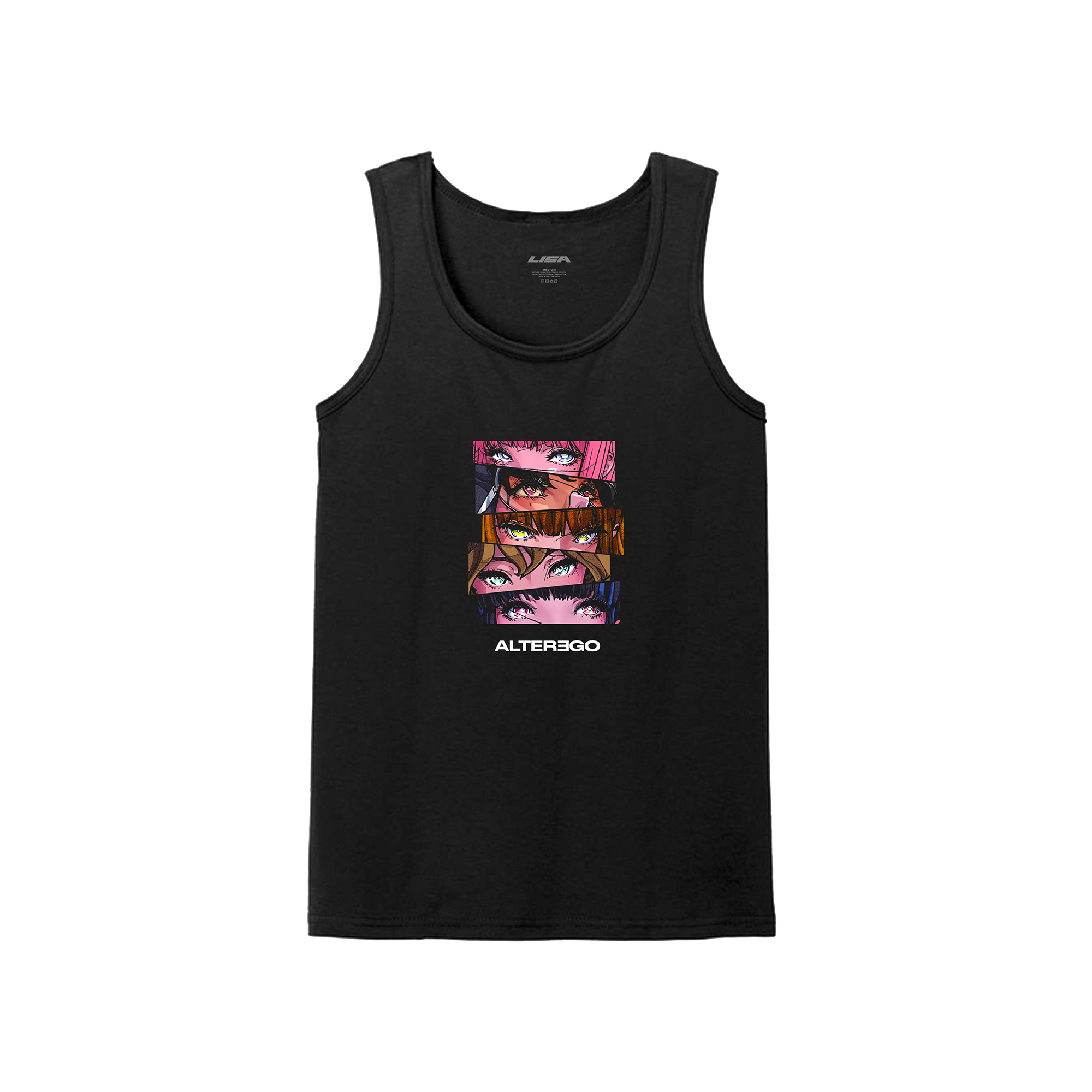 Front view of a black sleeveless unisex tank top featuring a LISA ALTEREGO comic-style print with five characters across the chest