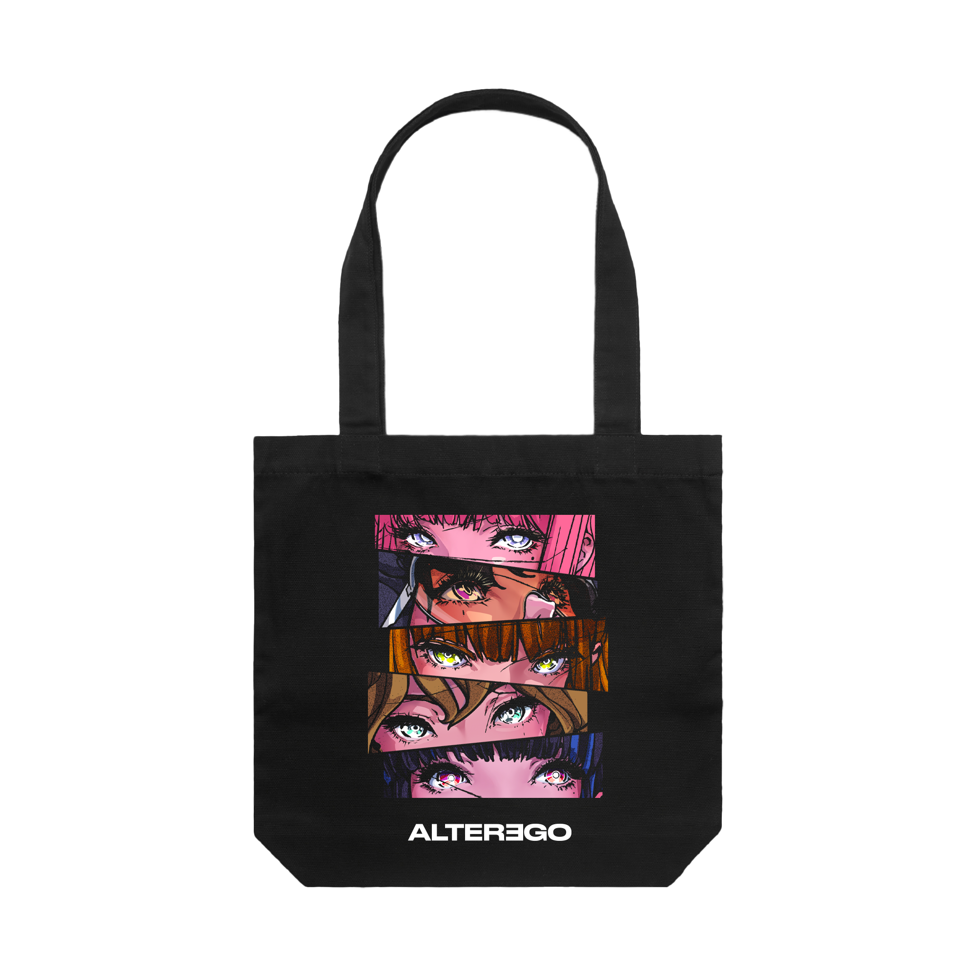 Front view of a black tote bag with Lisa Alter Ego comic print on the front and white text underneath reading “ALTEREGO”.