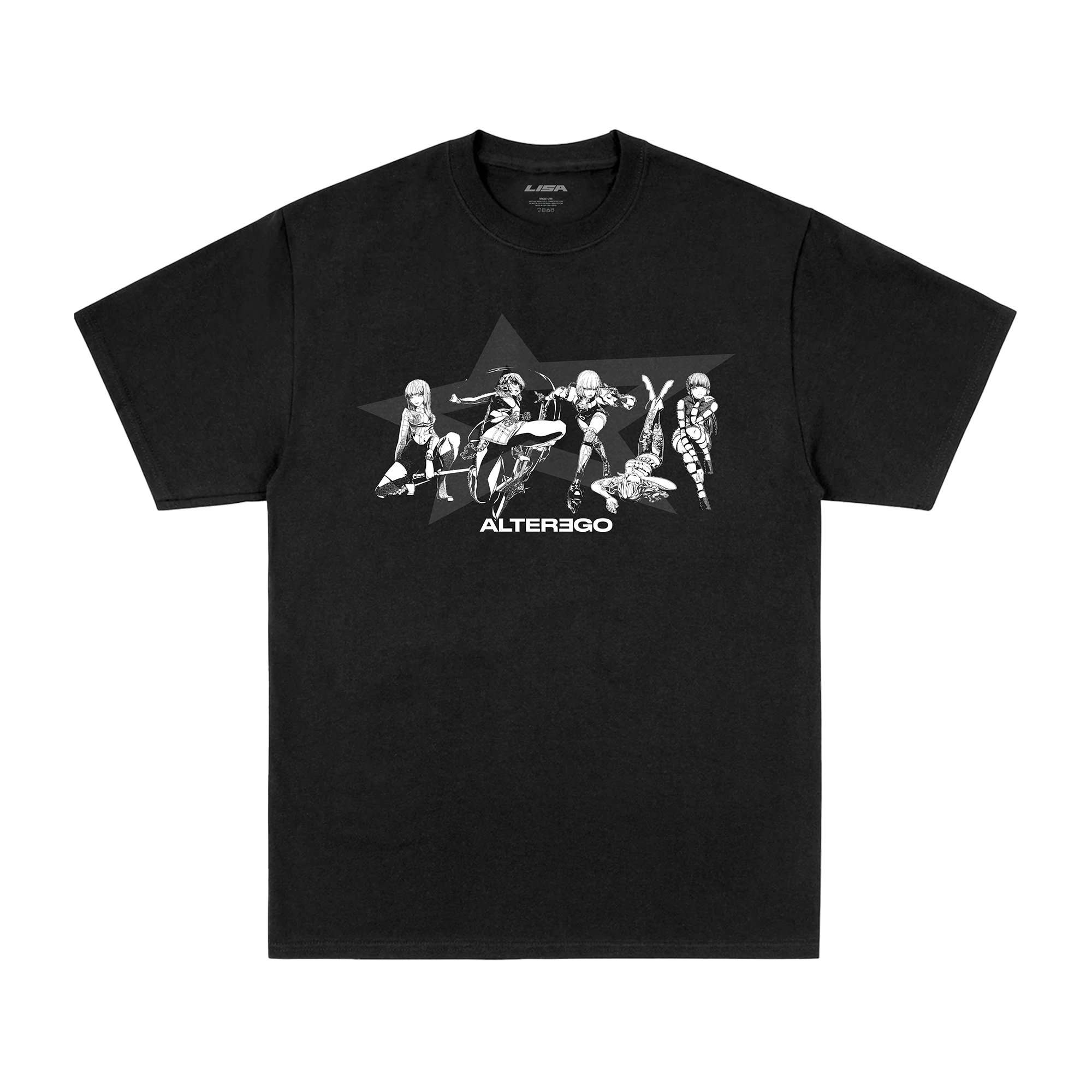 Front view of a black short-sleeve unisex T-shirt with an Alter Ego comic print of five characters standing in front of a grey star on the front. Underneath the print is white text reading “ALTEREGO”.