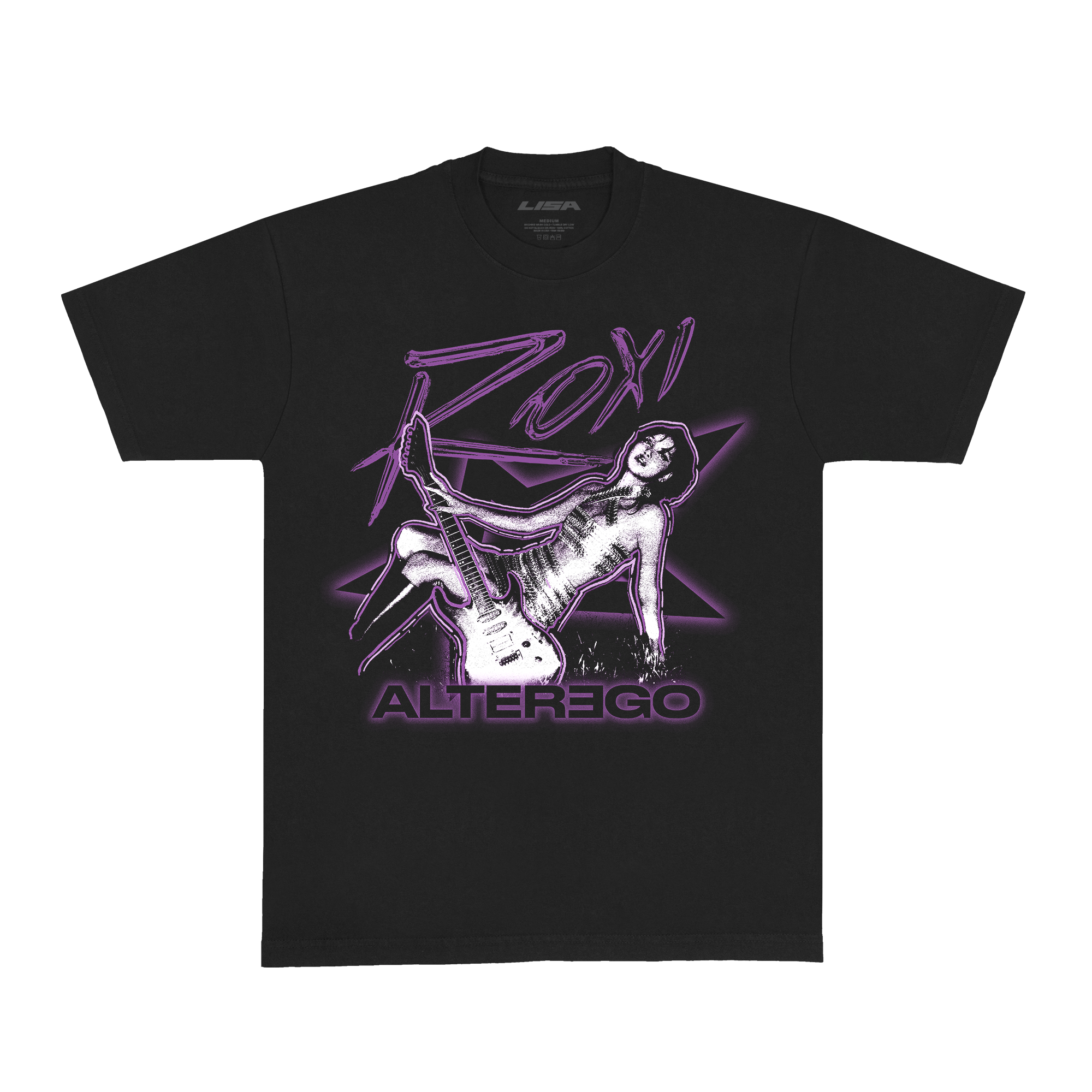 Front view of a black unisex short-sleeve T-shirt showcasing bold purple “ROXY” text above a black-and-white photo of Lisa as her alter ego Roxy, framed by a purple outline. A purple star outline appears behind the image, with “Alterego” printed below in black text accented by a purple border.