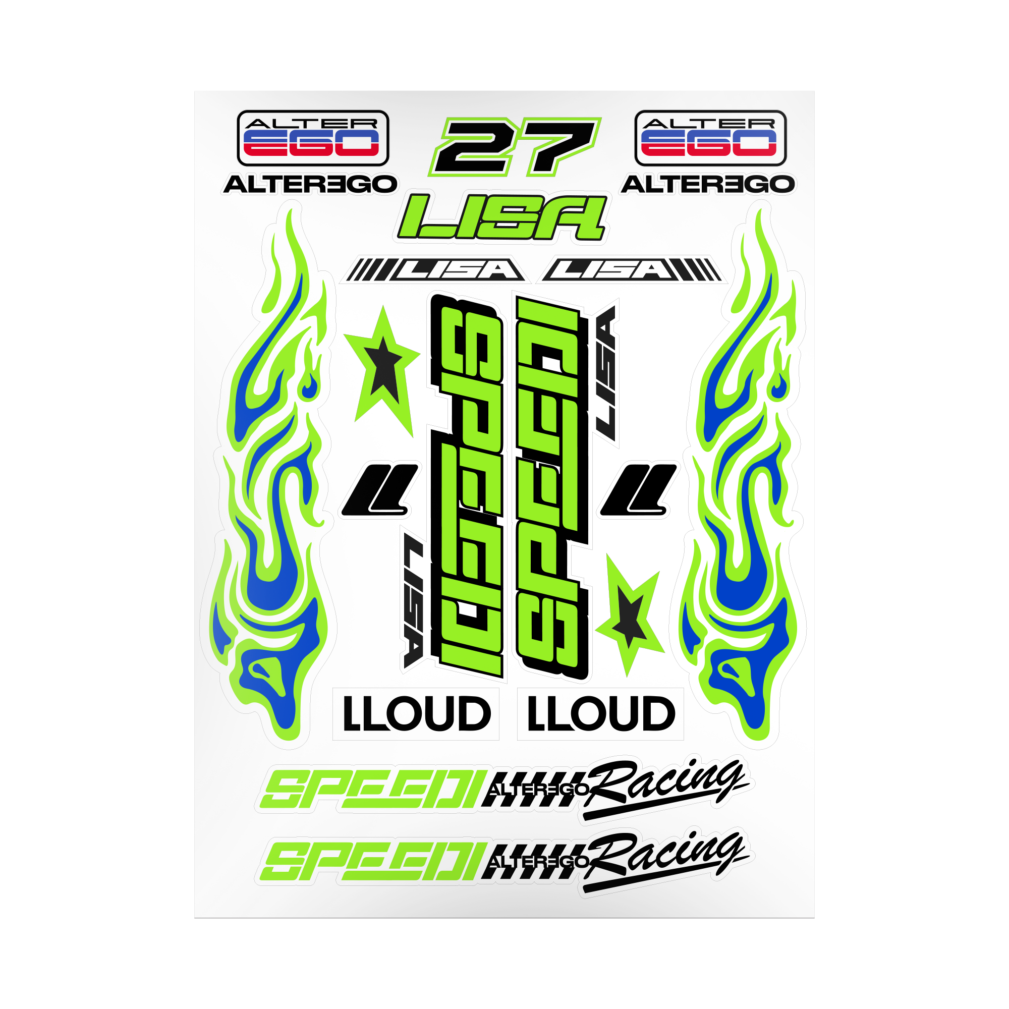 Sticker sheet set in neon green, blue, black, and white featuring Lisa-themed stickers inspired by speed racing aesthetics. Designs include flames, the words “Speed,” “Lisa,” “LLOUD,” and “Racing.”