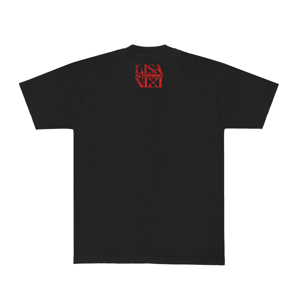 Back view of a black unisex short-sleeve T-shirt featuring a “Lisa Alterego Vixi” print positioned just below the neckline.