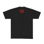 Back view of a black unisex short-sleeve T-shirt featuring a “Lisa Alterego Vixi” print positioned just below the neckline.