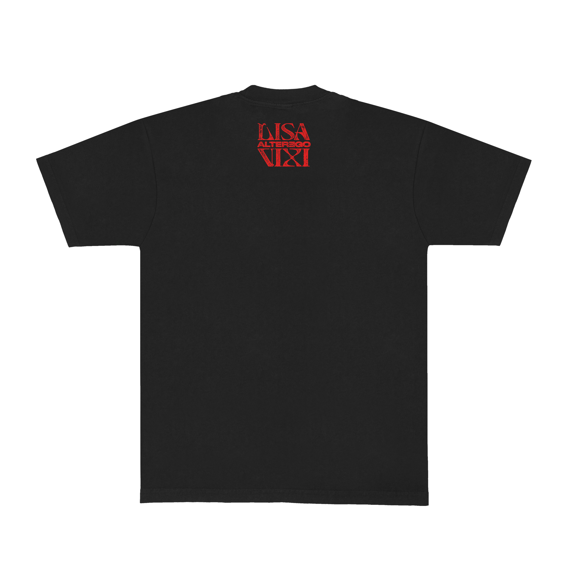 Back view of a black unisex short-sleeve T-shirt featuring a “Lisa Alterego Vixi” print positioned just below the neckline.