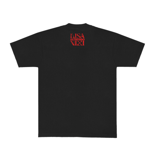 Back view of a black unisex short-sleeve T-shirt featuring a “Lisa Alterego Vixi” print positioned just below the neckline.