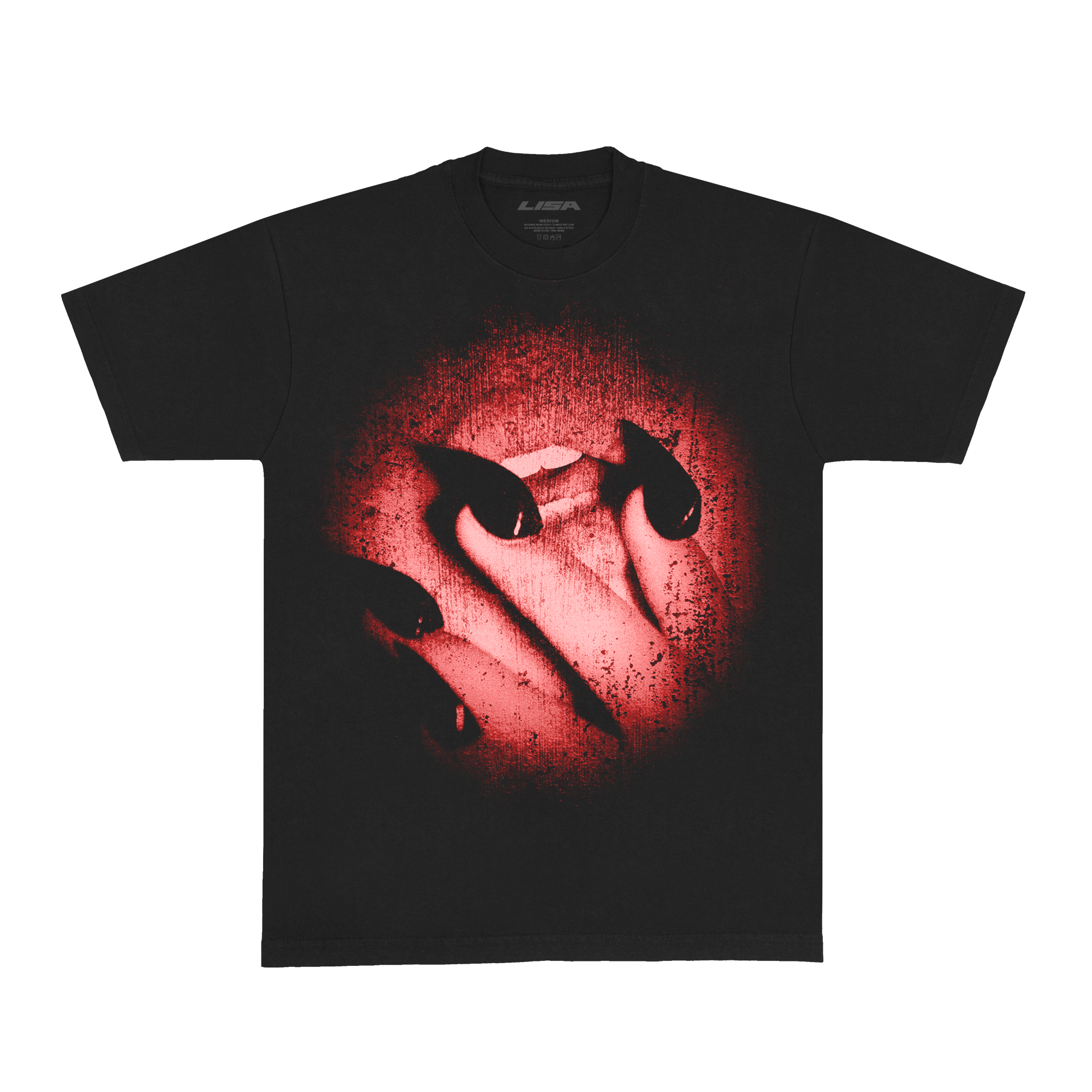 Front view of a black unisex short-sleeve T-shirt displaying a circular photo print with blurred, smeared edges. The image depicts a slightly open mouth partially covered by fingers with long black nails, tinted with a red overlay.