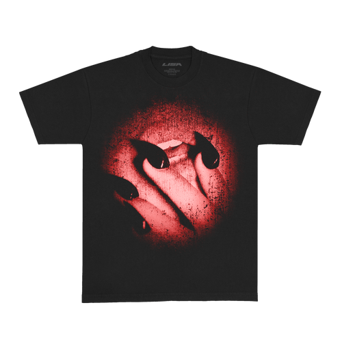 Front view of a black unisex short-sleeve T-shirt displaying a circular photo print with blurred, smeared edges. The image depicts a slightly open mouth partially covered by fingers with long black nails, tinted with a red overlay.