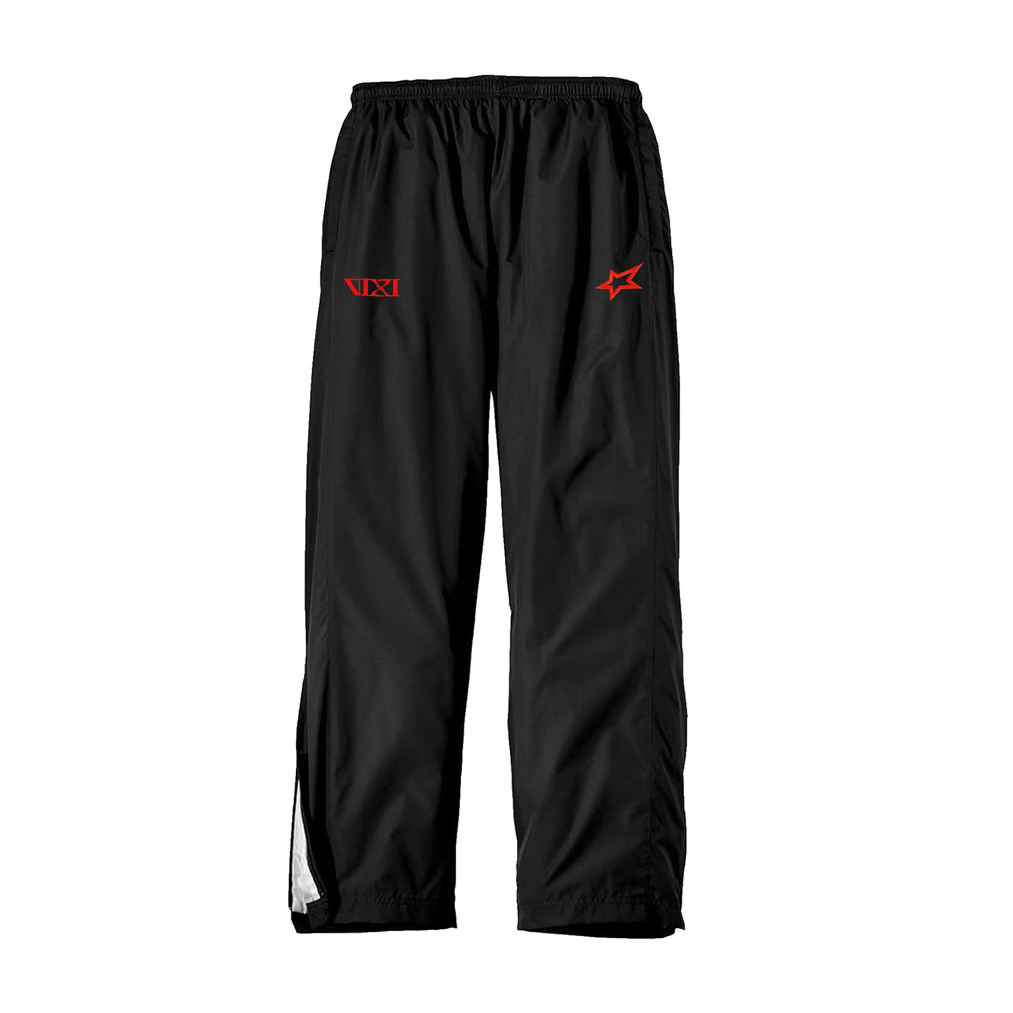 Front view of black unisex track pants featuring red “VIXI” text at the top of the right leg and a red printed star on the left leg.
