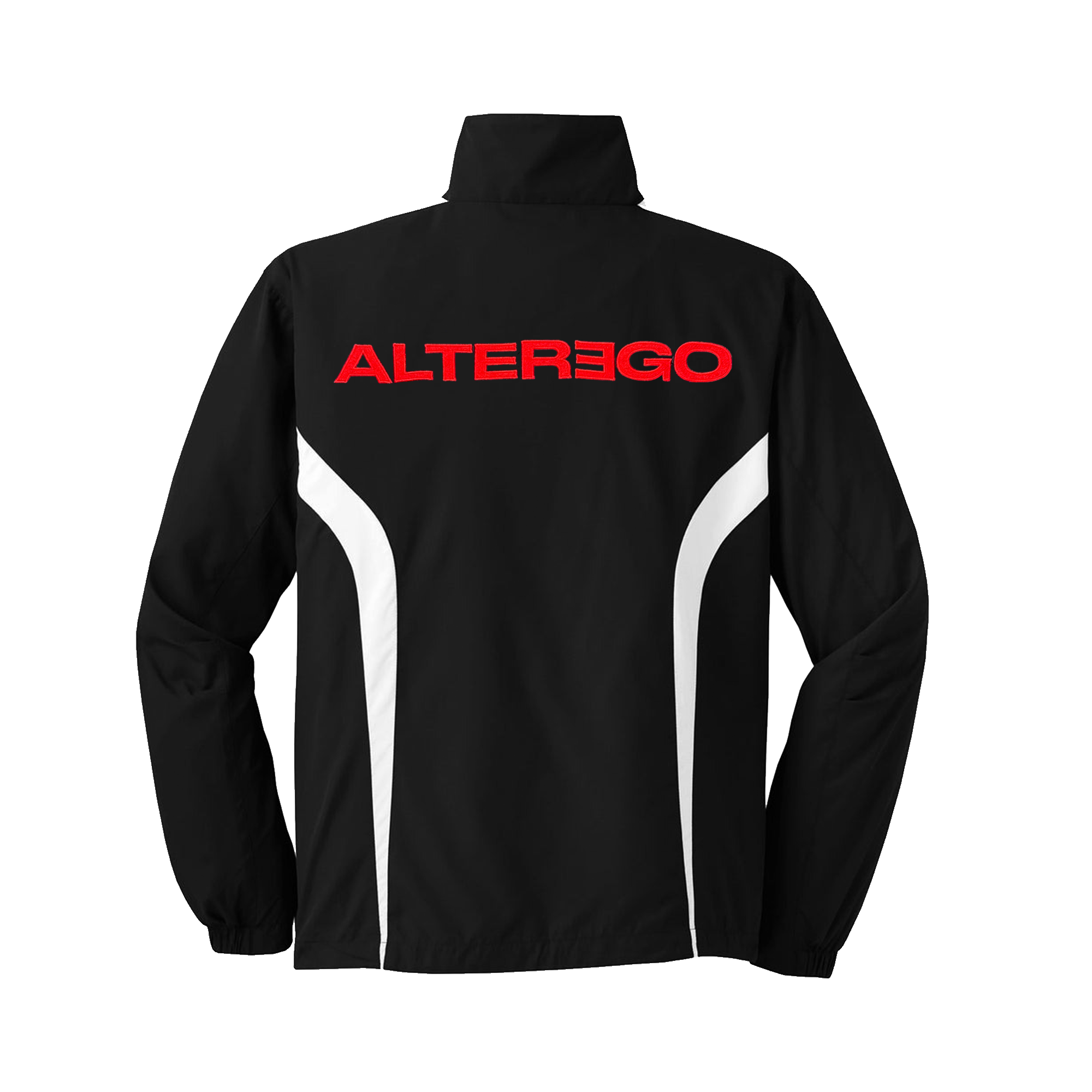 Back view of a black unisex track jacket with a high collar, featuring red “ALTEREGO” text across the upper back and white stripes running down each side.